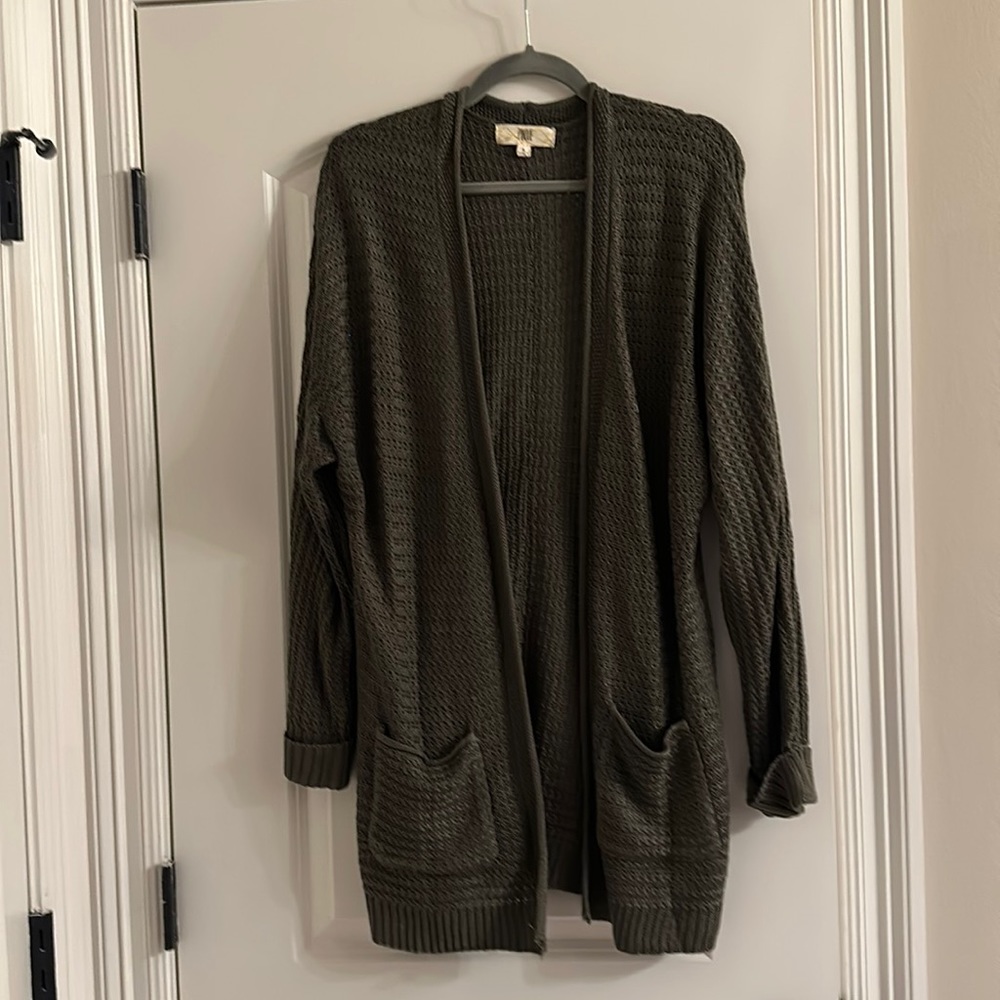 Pinque Long Waffle Knit Cardigan with Pockets -Forest Green -Size L
